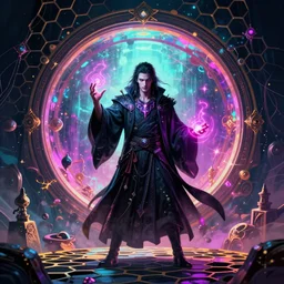 a powerful sorcerer man standing in front of otherworldly portal, casting spells, magic, full body character concept art, honeycomb, by artgerm, tom bagshaw, gerald brom, vaporwave colors, lo - fi colors, vaporwave, lo - fi, moody vibe, goth vibe, 4 k, hd,