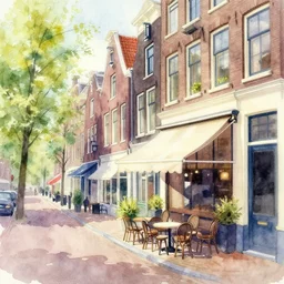 abstract watercolor painting of amsterdam street, summer, magical and traditional, cinematic light, cafe, sharp shadows, daylight, national romanticism by anders zorn, by greg rutkowski, by greg manchess