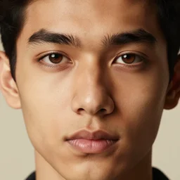 extreme close - up shot, studio photography portrait of a beautiful indian and southeast asian teenage man, light brown eyes, diamond - shaped face, in the style of saul leiter, photorealistic, warm lighting, 2 4 mm, 8 k