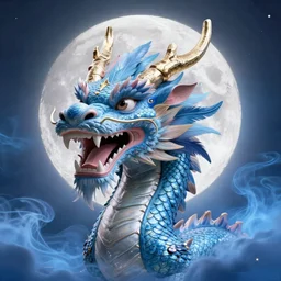 an roaring blue and white dragon with colorful feather, digital art, moonlight, blue mist, blue smoke, close shot,