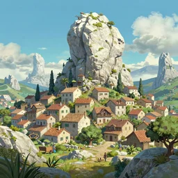 pixar 3D render, by studio ghibli, (french bande dessinée), solarpunk, 1244, fantasy setting, mediterranean landscape, quaint old village, cinq terre, highly detailed, luminous, white rock, beautiful, style by moebius, concept art, unreal engine