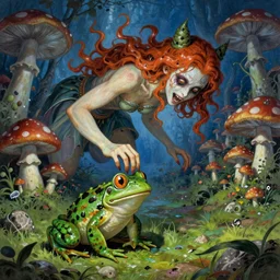 Scary godlike fairy killing a frog , detailed mushroom village in the background , low angle, Greg rutkowski legendary matte painting, post-processing, fantasy , masterpiece , junji ito, painting , vibrant colors