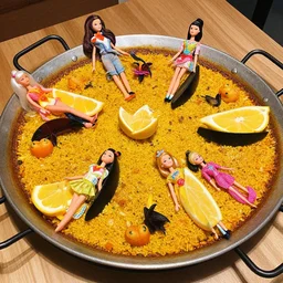 paella valenciana, on the surface there are four big jim dolls and two barbie dolls