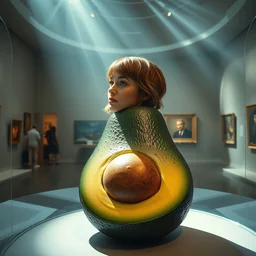 emma watson's head on top of a huge avocado displayed in a museum under spotlight, pentax k 1 0 0 0, ray tracing, professional photomanipulation, fully detailed, dalle 2 style