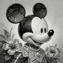 monochrome profile portrait painting of mickey mouse, dutch masters, silver lace floral steampunk biomechanical beautiful one techno eye young female cyborg, big monocular, volumetric light, leaves foliage and stems, hibiscus flowers, alexander mcqueen, rim light, big gothic fashion pearl embroidered collar, 8 k
