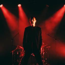 joy division on stage. low lighting high contrast. folk horror. red lights