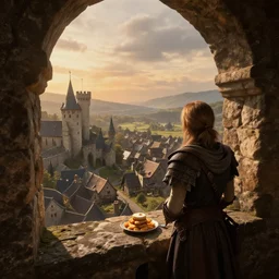 delicious view from standing inside the castle tower looking out at the medieval village atmospheric unreal engine hyperreallistic render 8 k concept art masterpiece screenshot from the video game the elder scrolls v : skyrim moody orange 2 7 0 0 k global illumination