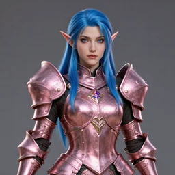 a beautiful and highly detailed digital portrait of a dignified female elven paladin with blue hair in rose gold armor by clint cearley, centered, artsation contest winner, artstation hd, cgsociety, fantasy art, cryengine, concept art, photorealism, daz 3 d, sketchfab, zbrush, vray