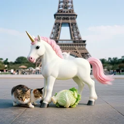 a unicorn in paris, a cat and a piece of cabbage are crawling out of the unicorn, lsd, canon 5 d 5 0 mm lens fuji 8 0 0 film