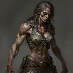 muscular female zombie, deep focus, d & d, fantasy, intricate, torn clothing, highly detailed, digital painting, artstation, concept art, matte, sharp focus, illustration, hearthstone, art by artgerm and greg rutkowski and alphonse mucha