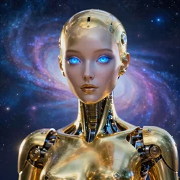 maria of metropolis, the golden humanoid robot, beautiful face, scifi, futuristic, galaxy, nebula, raytracing, dreamy, blue cyborg eyes, sharp focus, cinematic lighting, highly detailed, artstation, divine, by gauthier leblanc, kazuya takahashi, huifeng huang