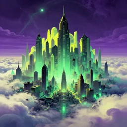 psychdelic city dreamworld in the clouds, surrealist and abstract digital art trending on artstation by artist Rob Gonsalves and Mark Riddick supreme peace immense knowledge black green mint yellow deep lilac dmt art
