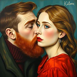 red bearded blue eyed man kissing beautiful brown haired green eyed female gustav klimt painting,