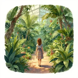 a stunningly detailed picture of indoor botanical garden ， girl, by greg rutkowski and thomas kinkade, trending on artstation