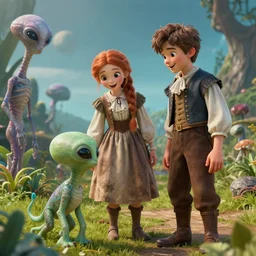 a girl and a boy standing next to some alien plants, looking happy, wearing 1860 era clothes, they are playing with their small pet alien creature, in a park on a alien planet, extremely high details, ultra realistic facial details, hyper realistic, ultra detailed, ultra photorealistic raytracing, octane, 8k