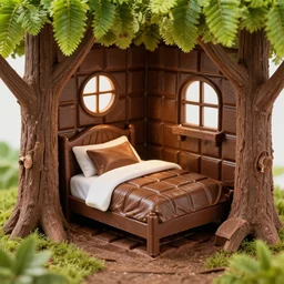a bed made of chocolate inside a tree house