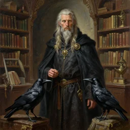 highly detailed 3 / 4 oil painting of a crow alchemist, fantasy race, medieval bookstore background, featured on artstation