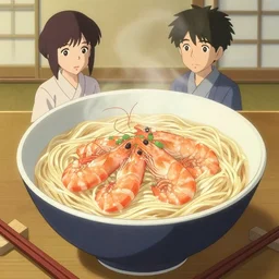illustration of noodles bowl with shrimps on makisu in traditional japan style, by makoto shinkai and takashi takeuchi