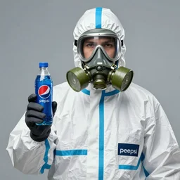a man wearing a hazmat suit and gasmask is advertising pepsi