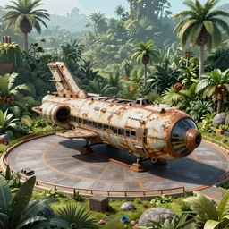 a futuristic rusty old spaceship, on a landing pad, surrounded by a lush jungle, in the foreground two explorers are having a conversation, golden hour, sun beams, volumetric light, hyperdetailed, artstation, cgsociety, 8k