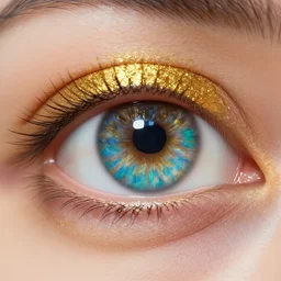a extremely detailed close up picture of an eye, it is made of gold powder, beautiful, colorful, macro photography