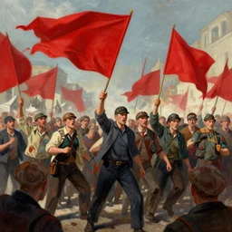Workers struggle against the bourgeoisie, workers revolution, red flags, Greg Rutkowski, digital art, trending on artstation, cinematic