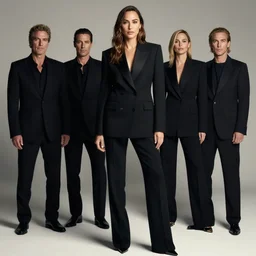 professional mid shot photograph of fashion model gal gadot wearing black suit by reza nia, nick knight, amy judd, jil sander minimal romantic heavenly elite style, posed, beautiful, studio, studio lighting, flat neutral tone, sharp focus, 8 k, very fine detail, stunning matte painting
