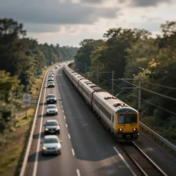 a train crossing a busy motorway, tilt - shift photography