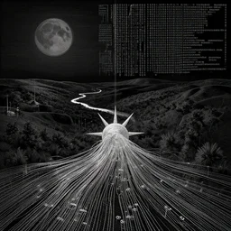 sunra, gold river in black landscape by jeffrey smith and wlop and gustave dore, featuring rhodium wires, circuitry, code, binary, cryptonomicon, dmt entity, ambient occlusion, 3 d concept render, scientifically accurate, artstation, intricate, beautiful, look at that detail!