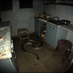 a big snake and a big snake in a old kitchen, mini dv camera found footage, very very low quality picture, heavy grain, caught on security camera, heavy jpeg artifact, night vision very blurry, caught on trail cam, ultra wide lens