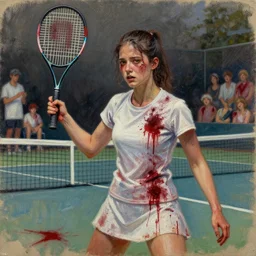 young adult woman playing tennis, cyberpunk, painful, portrait, cardboard, blood stains on shirt, blood on tennis court, bleeding audience, illustration, traditional drawing style, dramatic mood, textured canvas, highly detailed, fine art, melancholic art, oil pastels, 8 k render octane high definition cgsociety