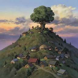 treetop village at sundown in the style of endor by brian froud, yoshitaka amano, kim keever, victo ngai, james jean