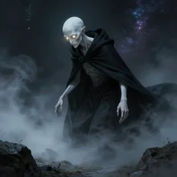 a humanoid creature with pale white skin and a gaunt face. the creature is bald and its eyes are shining, emitting sunlight. it is wearing a black flowing cloak that looks like mist. it is crafting an landscape in the astral plane. cosmic horror. art by peter mohrbacher.