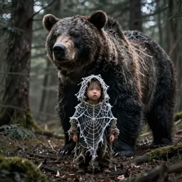 character and environment photography, portrait mystical infested anthropomorphic 2 0 - year - old male druid, animalistic, tattered spiderweb hood and robe, reflective eyes, infested bear standing, medium shot, wide angle, 2 0 0 px, low key
