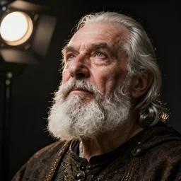 portrait of an old, medieval alchemist in the dark, close up, bottom up, he is looking into the distance thoughtfully!!. studio lighting bright ambient lighting key light, fantasy, detailed, photorealistic portrait by michael komarck, greg rutkowski, victo ngai, artgerm and j. dickenson