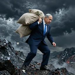 Benjamin Netanyahu carrying sacks of money up an obsidian mountain in hell, dark sky, storm, by Franz Stuck