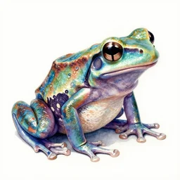 a beautiful watercolor painting of a vibrant and highly poisonous tree frog with skin made of a tie dye colored shiny metal by moebius