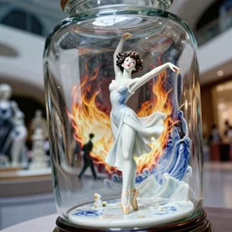 fuji gfx, 8 k, j. j abrams flare ; joyful ultra realistic kintsiguru blade runner ( 1 9 9 0 ) film still lilypond dance scene in frontiers in porcelain photography fashion magazine june seinen manga portrait edition, hyperrealistic real - life britt marling porcelain dancer in victorian glass jar, pointe pose, eye contact, tilt shift wide shot zaha hadid background