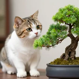 a cute kitty looking at a small bonsai, realistic photo