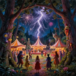 closeup of a night carnival inside a tree cavity in a magical forest in the middle of a summer storm, with a music scenario with many fireworks and christmas lights, volumetric lightning, instense god rays in the sky, folklore people disguised with fantastic creatures in a magical forest by summer night, masterpiece painted by henriette ronner - knip, very coherent and colorful high contrast masterpiece,