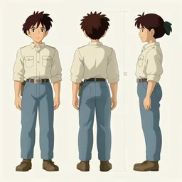 a reference sheet containing three pictures of a hero by ghibli studio, front back view and side view, proportions, ready to model,