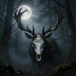 in the style of artgerm, peter mohrbacker, rafael albuquerque, wendigo in the forest emerging from the shadows, deer skull face, antlers, fog, full moon, moody lighting, horror scary terror