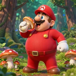 a fat italian man wearing red clothes and a red hat getting crazy eating big mushrooms in a forest, hyper realistic photography, outdoors, beauty composition, mario bros, nintendo