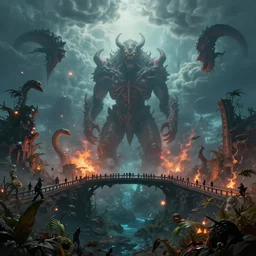 underwater end of the world, clouds, fire, demons, plants, bridge, buildings, people, serpent, strange creatures walking around, falling from sky, big titan creature in the center, by vladimir kush and giger and zdzislaw