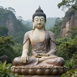 a dreamy avoloketishvara buddha of compassion meditating in a lush jurassic landscape, 4 k, hyper realistic, in he style of national geographic, coherent design, symmetrical, vivid colour, complementary colour, golden ratio, detailed, sharp lines, intricate, rainbow shift, in unreal 3 d engine, ray tracing, octane render