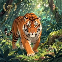 a beautiful digital colorful illustration of a fierce tiger in jungle by studio ghibli, makoto shinkai and thomas kinkade