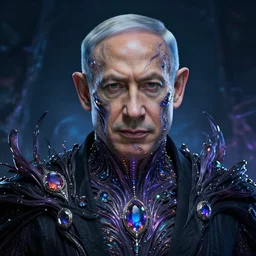benjamin netanyahu as an otherworldly iridescent alien overlord, embedded with gemstones, flowing with dark power, highly detailed, trending on artstation, benjamin netanyahu face, by wayne barlowe, and tim hildebrandt and bruce pennington and beksinski
