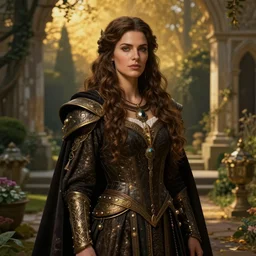 the elder scrolls vi, majestic, gracious regal brunette female jarl portrait, palatial garden mysterious, mysterious atmospheric lighting, painted, intricate, volumetric lighting, beautiful, rich deep colours masterpiece, golden hour, golden ratio, sharp focus, ultra detailed, by mark kent, jordan lamarre - wan, igor kieryluk, maxim verehin, miranda meeks
