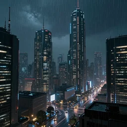futuristic city at night with rain, in the style of syd mead,
