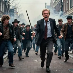 2 4 mm color photograph of geert wilders, shouting, crazy eyes, holding a sabre and running towards a group of scared, fleeing people in amsterdam, atmospheric lighting, by joel meyerowitz, by saul leiter